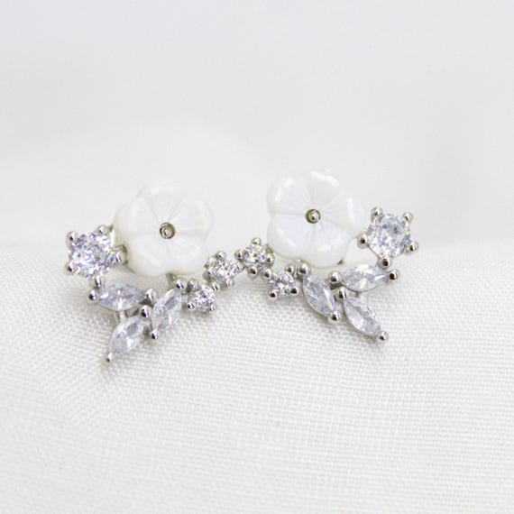 White Flower Stud Earrings for Women, Silver Tone Crystal Floral Studs