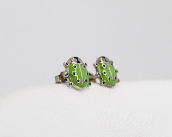 Ladybug Stud Earrings for Women, Green Enamel Cute Insect Studs