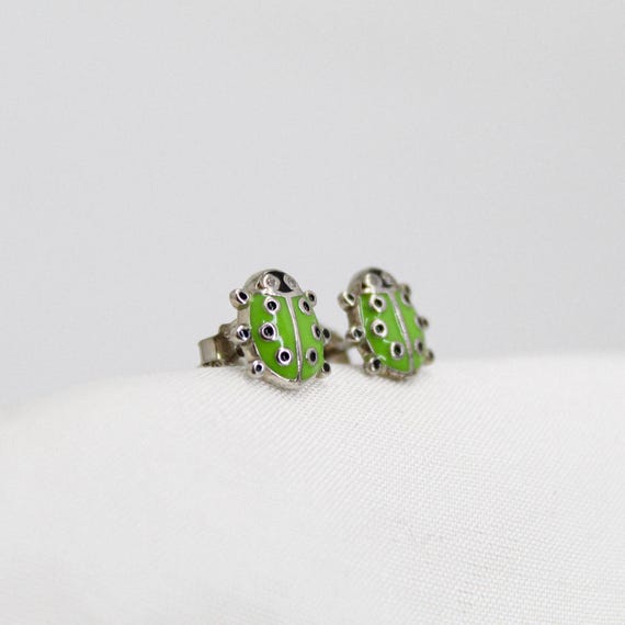 Green Enamel Ladybug Stud Earrings, Silver Tone Bug Jewelry