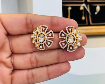 Gold Polish Sterling Silver Sunburst Earrings: Kundan Floral Jewelry