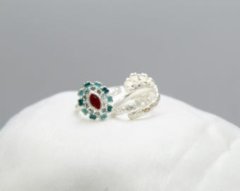 Floral Sterling Silver Ring - Red and Turquoise Gemstones, Adjustable