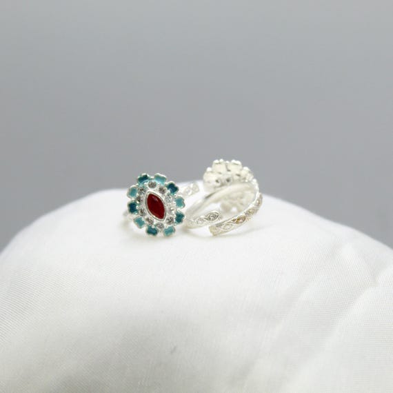 Floral Sterling Silver Ring - Red and Turquoise Gemstones, Adjustable