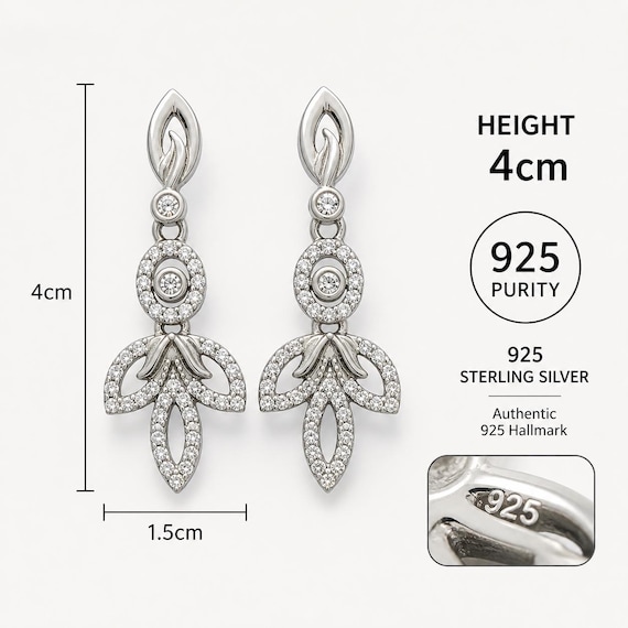 925 Sterling Silver Dangle Earrings with CZ Diamond Accents, Elegant Floral Drop Earrings, Minimalist Bridal Jewelry, Gift for Her
