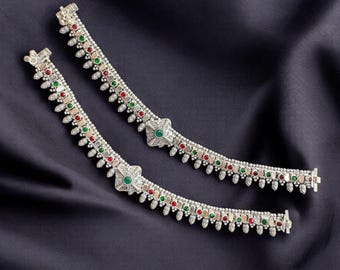 Silver Oxidized Anklet with Green & Red Stones - Traditional Indian Jewelry for Women, Ethnic Bridal Payal, Gift for Her