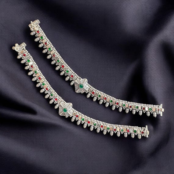 Oxidized Silver Anklet: Indian Bridal Payal with Green & Red Stones