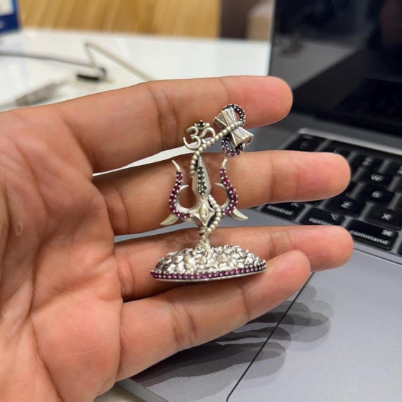 925 Silver Trishul Idol with Damru & Om - Handmade Hindu Decor