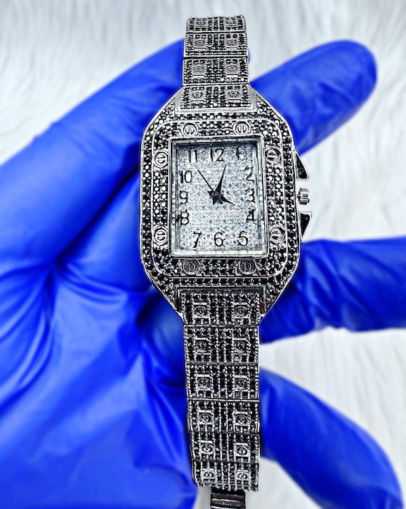Iced-Out 925 Sterling Silver Watch: Vintage Square Dial Unisex Timepiece