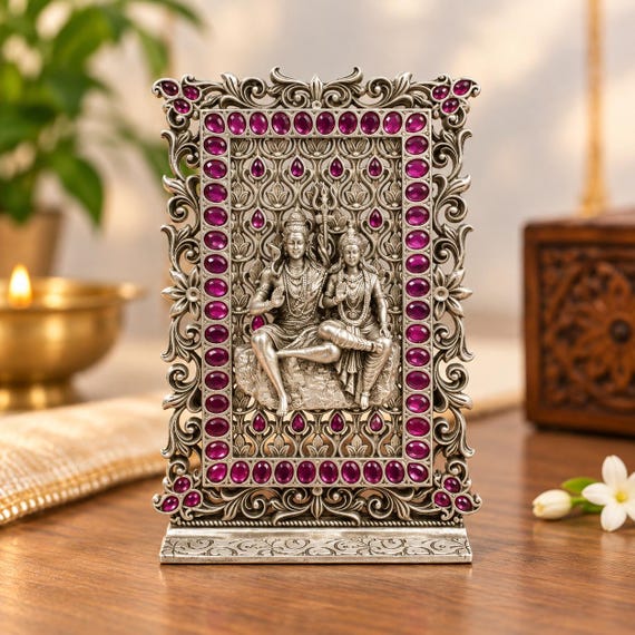 Spiritual Radha Krishna Silver Frame, Purple Gems, Handcrafted Sacred Decor