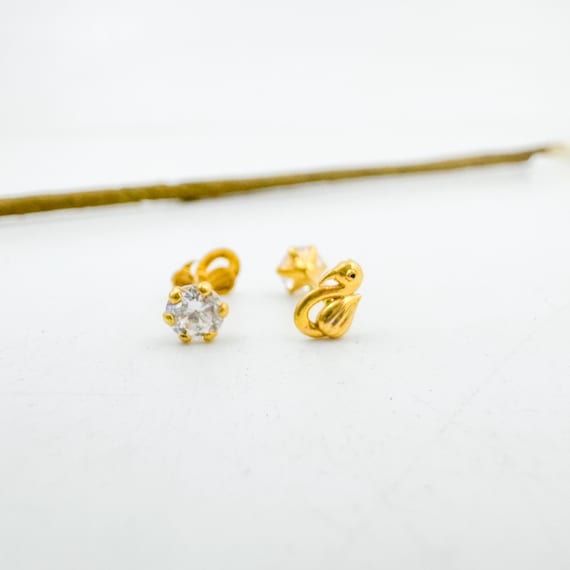 14K Gold Stud Earrings: 2-in-1 Swan & Solitaire Minimalist Set
