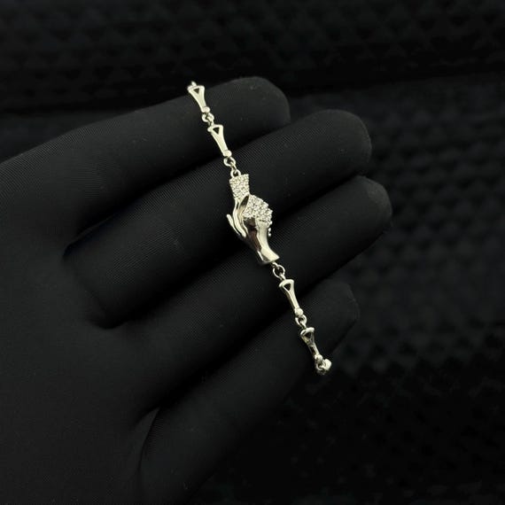 925 Sterling Silver Hand Bracelet: CZ Accents, Magnetic Clasp