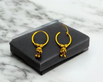18K Gold Hoop Earrings with Hanging Bell Charms - Stylish Lightweight Design for Everyday Elegance
