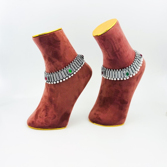 Handmade Oxidized Silver Anklet Pair with Green & Red Stones | Boho Ethnic Foot Jewelry