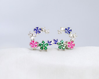 Colorful Flower Stud Earrings - Sterling Silver with Enamel Detail