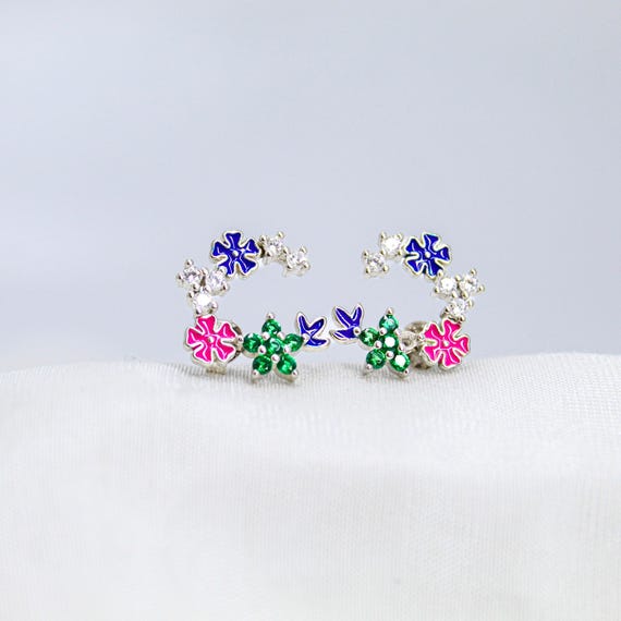 Colorful Flower Stud Earrings - Sterling Silver with Enamel Detail