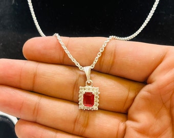 Handcrafted Silver Red Stone Pendant with Chain - Boho Jewelry