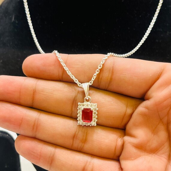 Handcrafted Silver Red Stone Pendant with Chain - Boho Jewelry