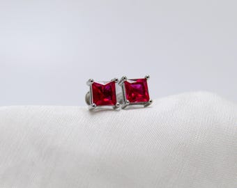 Red Square Stud Earrings: Sterling Silver with Ruby CZ