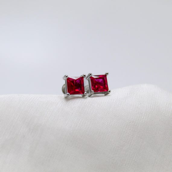 Red Square Stud Earrings: Sterling Silver with Ruby CZ