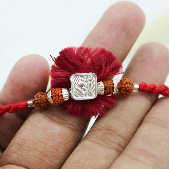 925 Sterling Silver Om Rakhi, Rudraksha Red Fur Bracelet, Handmade Spiritual Raksha Bandhan Gift