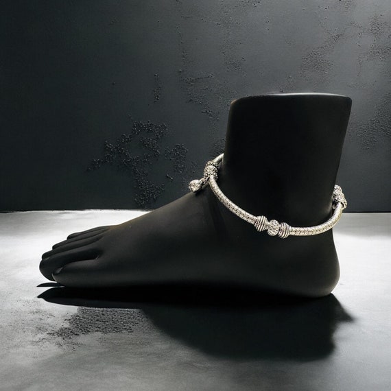 Handcrafted Oxidized Silver Anklets - Vintage Boho Tribal Design, Unique Jewelry Gift for Her, Handmade Charm