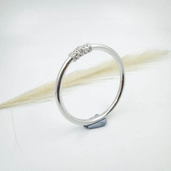 Pure Silver Kada Bracelet, Solid Indian Bangle with Decorative Detail