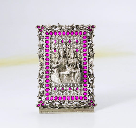 Spiritual Silver Frame, Radha Krishna with Purple Gems (Home Temple Decor)
