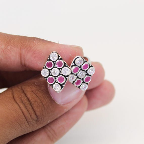 Silver Pink CZ Toe Ring Adjustable Bichiya for Women, Geometric Oxidized Silver Foot Jewelry, Boho Stylish Toe Ring Pair