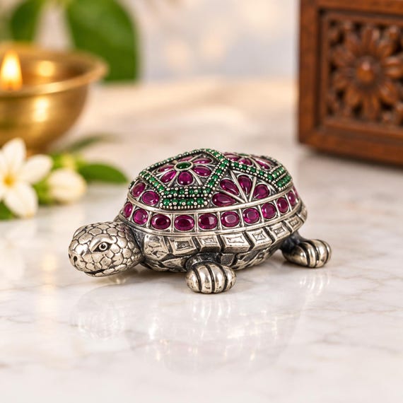 Holographic Turtle Figurine, Pink Gemstones, Feng Shui Charm, Good Luck Ornament