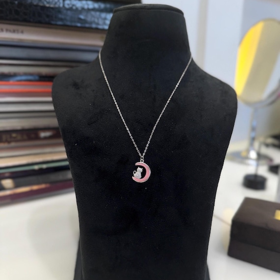 Sterling Silver Cat Moon Pendant Necklace: Dainty Chain Jewelry