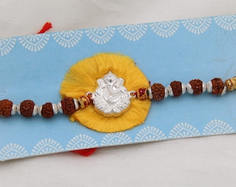 Ganesh Silver Rakhi with Yellow Thread and Beads, Handmade Hindu Raksha Bandhan Gift for Brothers and Sisters