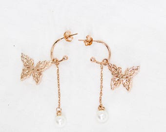 Drop Earrings: Butterfly and Pearl Design - Rose Gold Tone