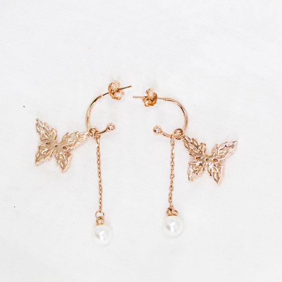 Drop Earrings: Butterfly and Pearl Design - Rose Gold Tone