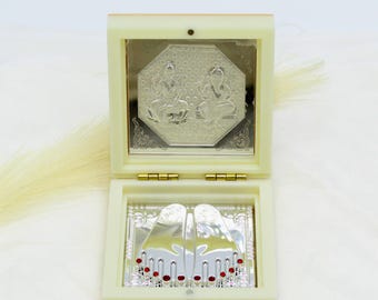 Silver Lakshmi Ganesh Statue, Shubh Laabh Charan Paduka (Diwali Decor)