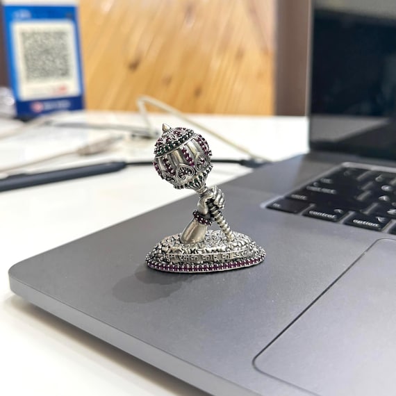925 Silver Hanuman Gada Idol: Hindu Temple Decor Showpiece