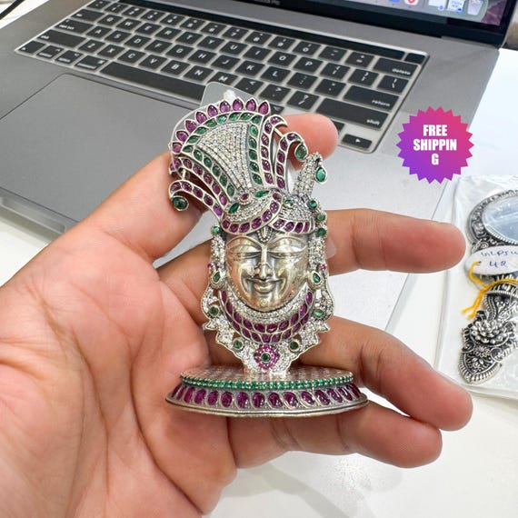 Handcrafted 925 Sterling Silver Shreenathji Idol | Nathdwara Krishna Devotional Murti (Stone Accents)