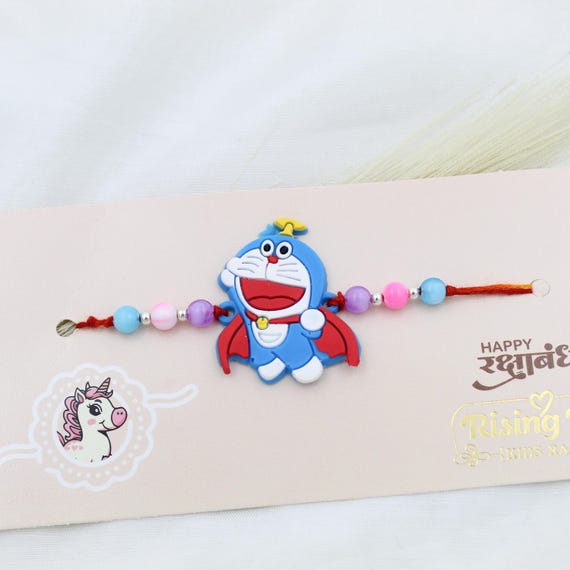 Kids Doraemon Superhero Rakhi, Silver Beads, Handmade Raksha Bandhan Gift for Boys