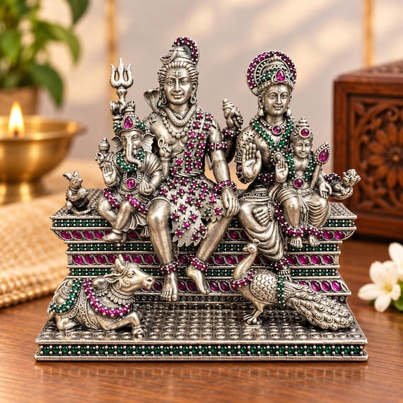 Shiva Parvati Idol, 925 Sterling Silver Shiv Parivar Statue, Hindu Temple Decor