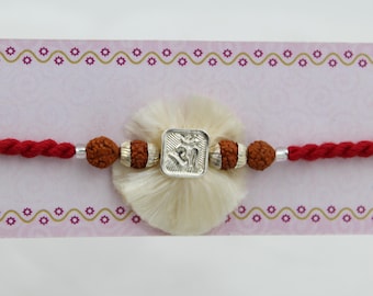 Silver Om Rakhi for Brother | Handmade Raksha Bandhan Rakhi with Rudraksha Beads, Spiritual Hindu Rakhi, Traditional Indian Gift