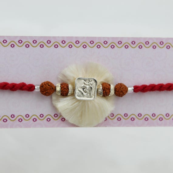 Silver Om Rakhi with Rudraksha Beads | Handmade Raksha Bandhan Spiritual Hindu Bracelet