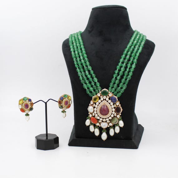 Navratan Necklace and Earrings Set, 18k Gold, Gemstones & Pearls (Traditional)
