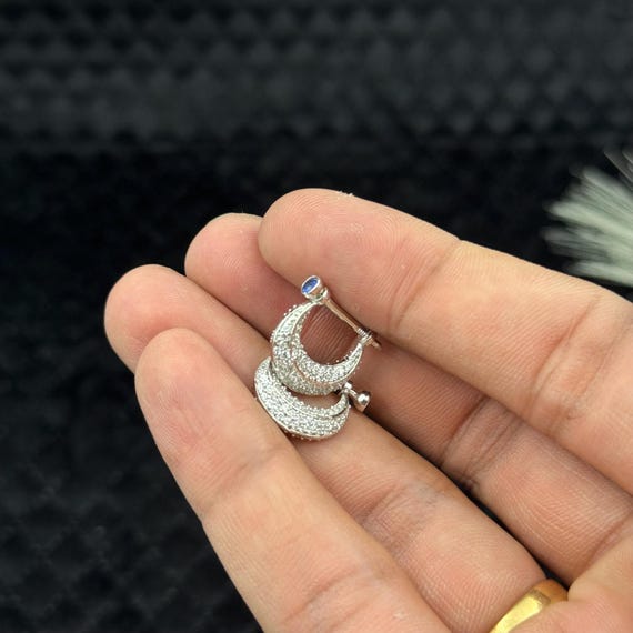 Unisex Silver Hoop Earrings | CZ Pave Design with Blue Stone Accent | Chic Minimalist Jewelry for Men & Women