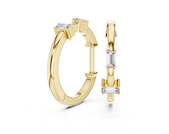 18K Gold Moissanite Huggie Earrings | Baguette Cut Hoops