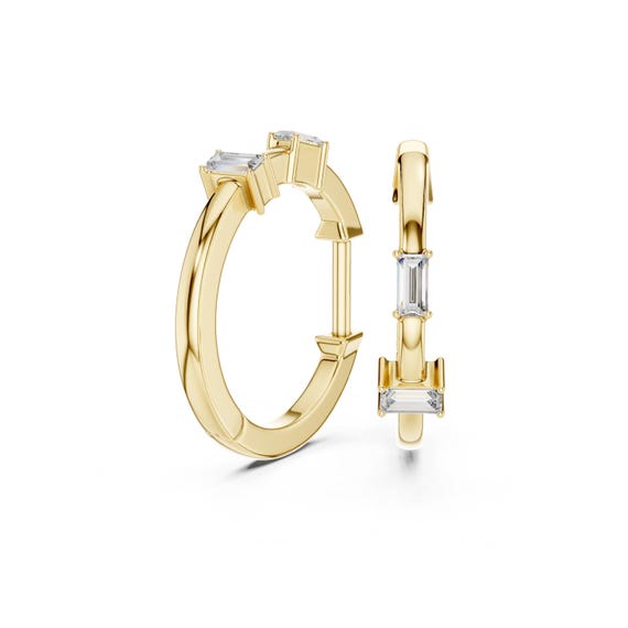 18K Gold Moissanite Huggie Earrings | Baguette Cut Hoops