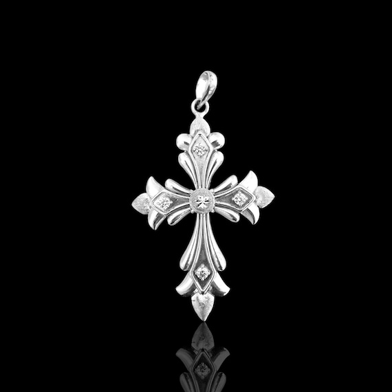 Pure Silver Fleur-de-Lis Cross Pendant Necklace with Diamond Accents