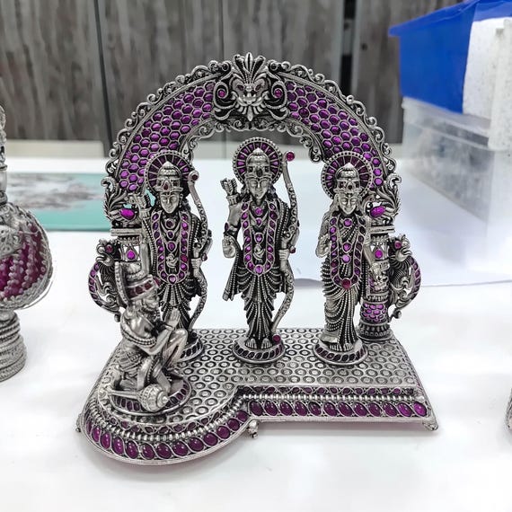 925 Silver Ram Darbar Idol: Oxidized Rama, Sita, Lakshman, Hanuman Statue with Ruby Stones