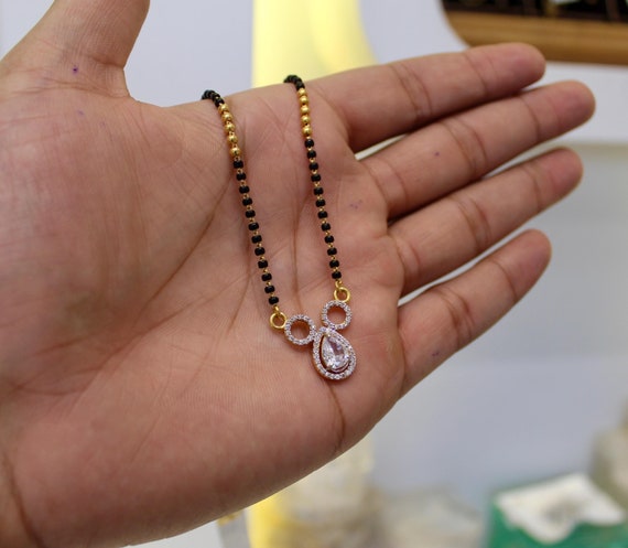 22K Gold Mangalsutra: Black Bead Necklace with Diamond Pendant