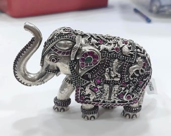 Handcrafted 925 Sterling Silver Elephant Figurine – Intricate Engraving & Gemstone Inlay – Indian Decorative Collectible Sculpture