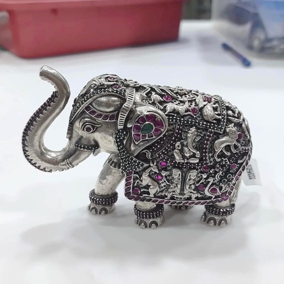 Handcrafted 925 Sterling Silver Elephant Figurine – Intricate Engraving & Gemstone Inlay – Indian Decorative Collectible Sculpture