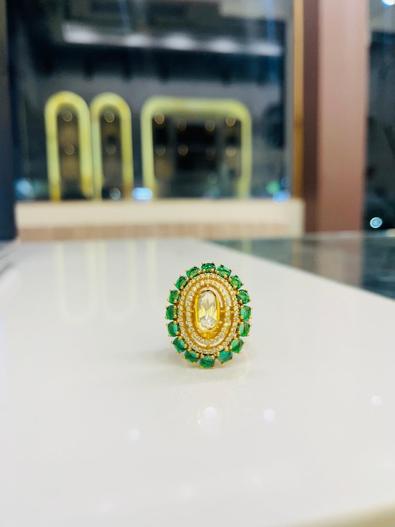 Polki Ring in 925 Silver, Adjustable Gold-Tone Setting with Green Stones