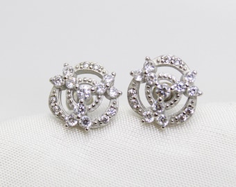 Crystal Swirl Stud Earrings for Women, Silver Tone Round Sparkling Studs